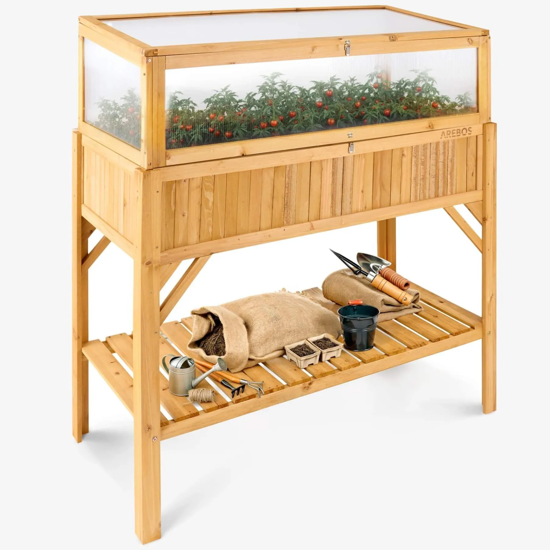 Holz Hochbeet mit Ablage und Frühbeet-Aufsatz